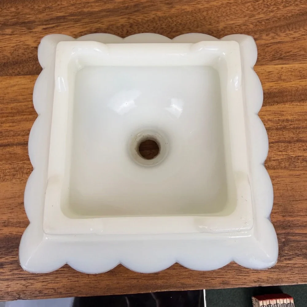 Vintage Milk Glass Hurricane Lamp Base Scalloped Square Ivy Leaf Gold Trim 7in